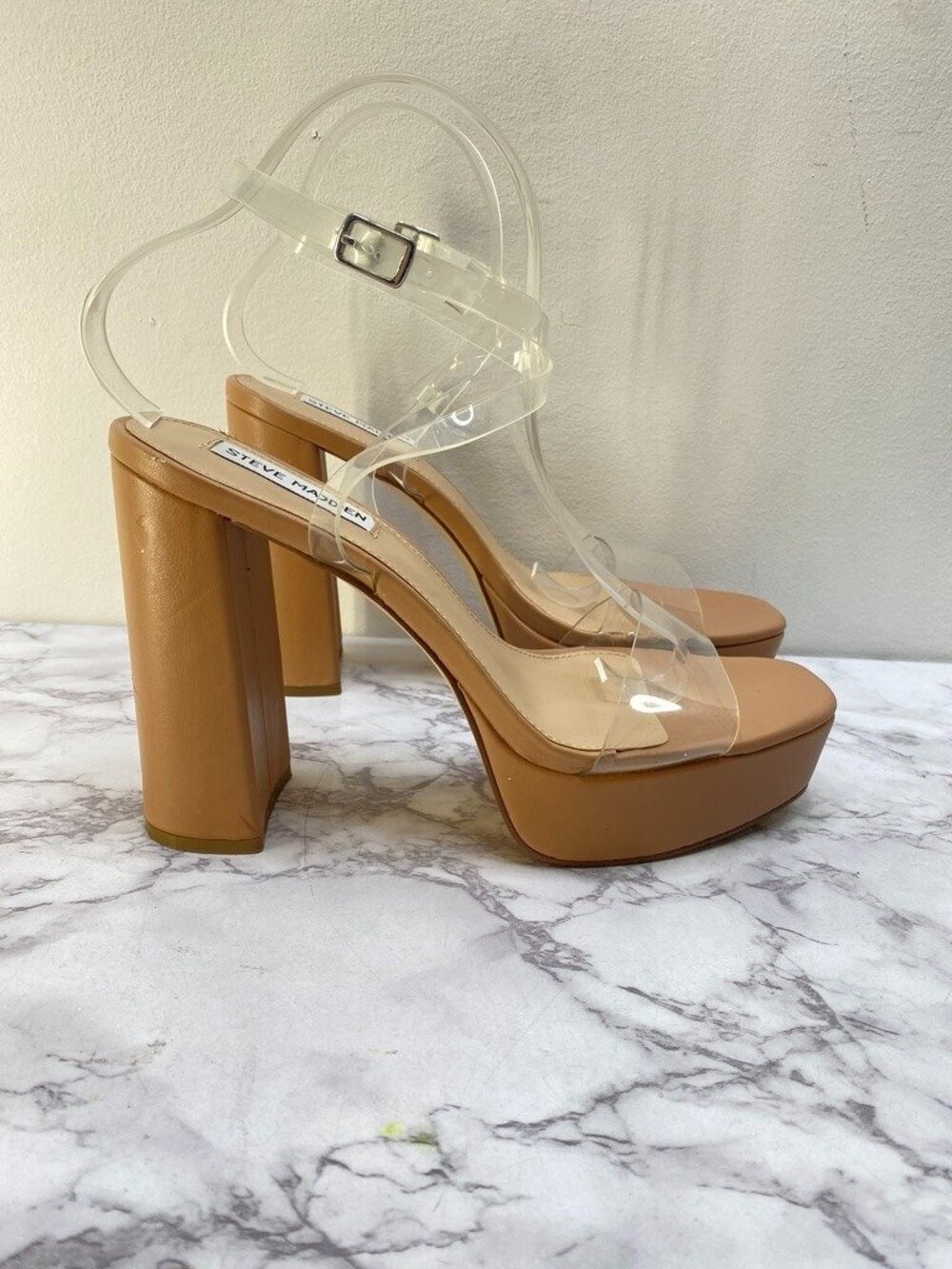 Steve Madden Women's Lessa Clear Nude Chucky Heel Platform SZ 9.5 M